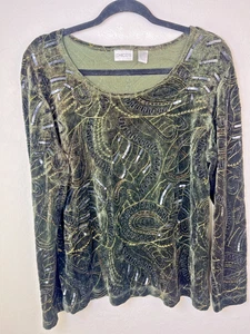 Chico’s grün Samt Paisley Pailletten Perlen Langarm Bluse Top Gr. 2 (L) - Bild 1 von 5