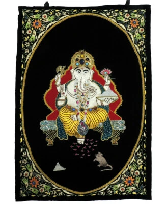 Único Ganesh Negro Real Decoración de Pared Preciosa Joya Seda India 36X24" Envío Gratis Foto 1 de 4