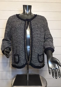 Roz & Ali Women’s Size L Cardigan Navy Blue White Gold Chain Trim Open Sweater - Picture 1 of 10
