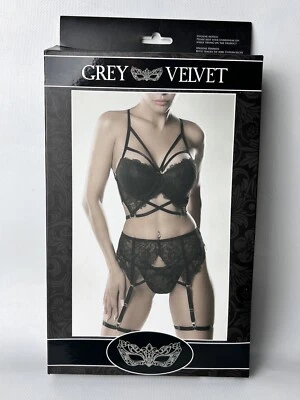 GREY VELVET 2-teiliges Erotik Straps Gurt String Slip Schwarz Spitze Black Set S - Bild 1 von 4