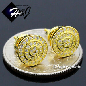 925 STERLING SILVER 9MM ICY CUBIC ZIRCONIA ROUND GOLD PLATED STUD EARRING*GE164