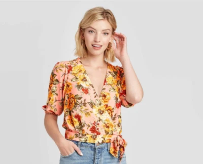 Top envolvente manga codo estampado floral para mujer - Xhilaration - Rubor - XXL - S652 Foto 1 de 4