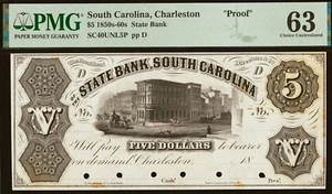 1850er-60er Charleston Bank of South Carolina 5 $ PMG MS-63 kleinere Flecken PP - Bild 1 von 3