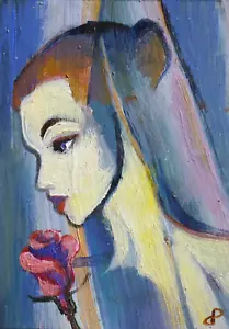 ACEO oil painting Dora Pilssala modern portrait figure Woman with red rose - Picture 1 of 1