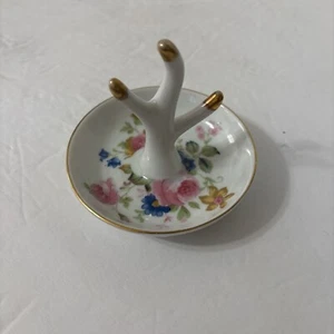 Vintage Porcelain Pink and Blue Floral Ring Jewelry Holder Gold Trim 3” Tall - Picture 1 of 5