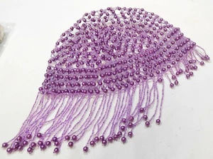 Purple & Lavender Seed Beads Fringed Skull Cap Cloche Hat Flapper Era - Picture 1 of 6