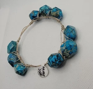 Bracelet boho femme fausse pierre turquoise ton argent enveloppé de fil - Photo 1/6