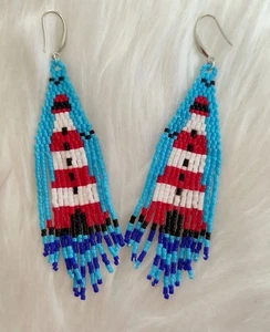 Tribal Earrings Native Large Boho American Seed Beads Handmade Earring - Picture 1 of 3