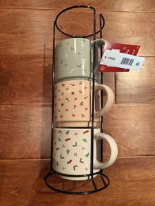 Holiday Time 3-teiliges Kaffeetassen-Set mit Drahtgestell Weihnachtsdesign NEU - Bild 1 von 3
