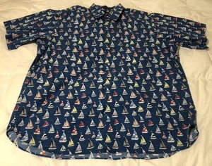 Paul Fredrick Men’s XL Sail Boat Print Blue Short Sleeves Button Down Shirt - Picture 1 of 16