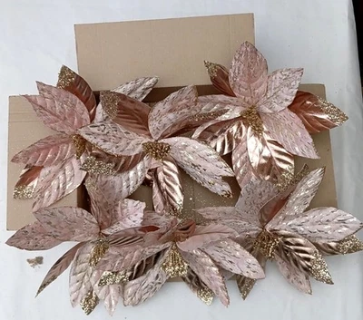 Rose Gold Christmas Tree Decorations Clip on Luxury Flowers SPECIAL VALUE x 6 - Image 1 of 4