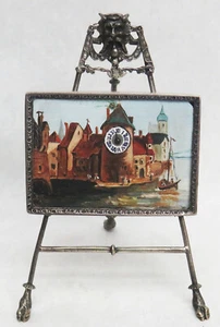 VINTAGE GERMAN SILVER TRIPOD & ORIGINAL PAINTING WORKING KEY WIND CLOCK - Picture 1 of 7