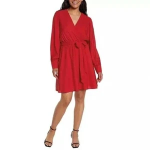 Express rotes Wickelkleid Langarm Fit & Flare V-Ausschnitt Schärpe Gürtel Mini Gr. M /#5381 - Bild 1 von 4