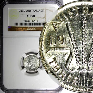 AUSTRALIA George VI Silver 1943D 3 Pence NGC AU58 KM# 37 (011) - Picture 1 of 5