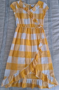 Old Navy Yellow Gingham Midi Dress Girls XL (14) Tiered Asymmetrical Ruffle Bow - Picture 1 of 4