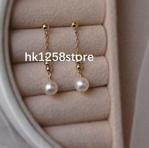 New A Pair South Sea White 8.5-9mm Three Pearl Dangle Earrings 14k Gold P
