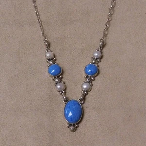 Collana in argento sterling, blocco denim lapislazzuli e perle + - Foto 1 di 5