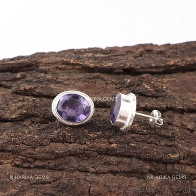 Pendientes Únicos De Artesanía Con Piedra Ovalada De Iolita En Plata De Ley 925 - Imagen 1 de 4