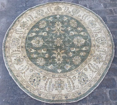 5x5 Faded Green Ivory Handmade Ziegler Chobi Round Oriental Afghan Circle Rug - Image 1 of 4