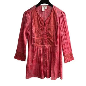 Coldwater Creek Top Womens 1X Pink Mixed Media Button Down Tunic Boho Beachy - Picture 1 of 8