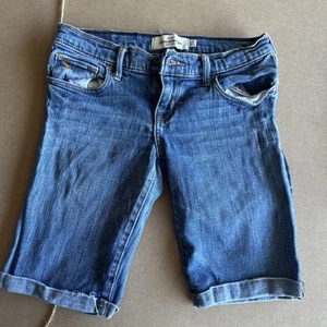 ABERCROMBIE KIDS Sz 14 Girls Blue Jean Dark Wash Denim Bermuda Cuffed Shorts - Picture 1 of 3