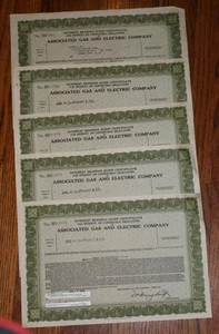 5pc Lot 1930's Associated Gas and Electric Company Stock Scrip Certificate NY - Picture 1 of 2