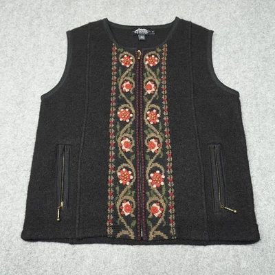 Vintage Icelandic Design Women's Black Wool Vest Small Floral Embroidered - Image 1 of 4