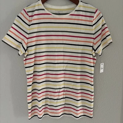 NUEVO CON ETIQUETAS TALBOTS Camiseta Para Mujer Algodón Elástico Manga Corta Rayas Multicolor Talla M Foto 1 de 4