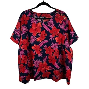 Lands End Womens Tropical Linen Top 2X Floral Print Short Sleeve Resort Vacation - Picture 1 of 12