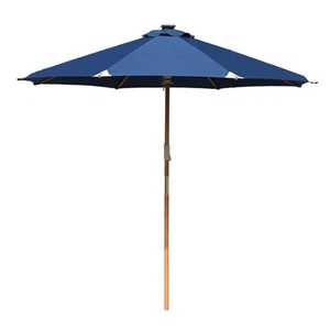 LAGarden Boho 32 LED 9Ft Wood Market Patio Umbrella with Solar Lights Navy Blue - Picture 1 of 9