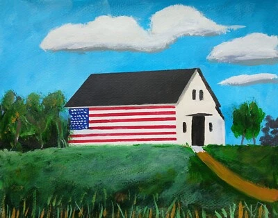 Granero patriótico bandera grande en el lado del granero 11 x 14 acrílico sobre lienzo papel de arte Foto 1 de 4