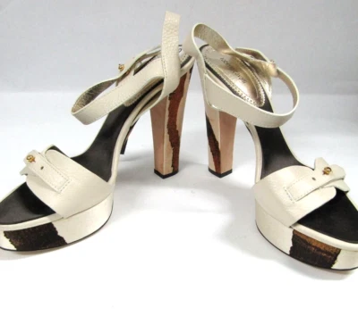 ROBERTO CAVALLI Tiger Print Satin Leather Heels Platform Sandals 40 9 Ivory NEW - Image 1 of 4