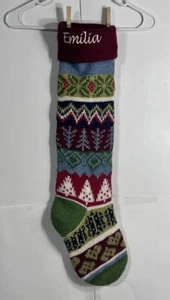 Christmas Handmade Knit 100% Wool Nordic Design 29” Stocking Emilia Embroidered - Picture 1 of 8