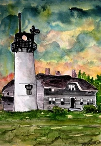 Chatham lighthouse Marthas Vineyard watercolor painting art print lighthouses - Picture 1 of 1