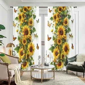 2 Panels Sunflowers Butterflies Curtains Window Drapes for Bedroom Living Room - Picture 1 of 28