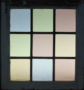 GEOMETRICAL OLD ENGLISH LEADED STAINED GLASS WINDOW 18.5" X 20.25" - Picture 1 of 3