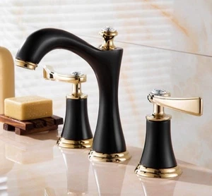 Black 2 Handles 3PCS Widespread Roman Tap Bathroom Bath Tub Tap Mixer Faucet T2 - Picture 1 of 6