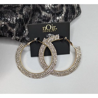 Pendientes de aro redondos de diamantes de imitación de oro nOir brillantes aros llamativos Foto 1 de 4