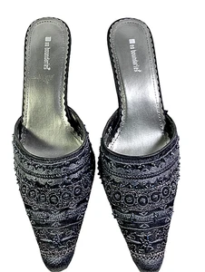 No Boundaries HEATHER Black Satin Beaded Slip On Kitten Heel Shoes Size 6.5 M - Picture 1 of 10