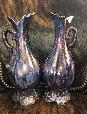 "Par de jarra de 11,5""H de colección de estudio hecha a mano azul púrpura salpicaduras color pavo real" Foto 1 de 4