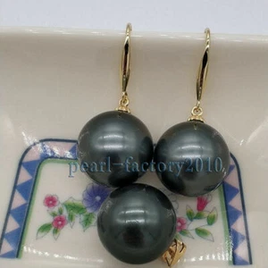 round AAA 16 mm BLACK shell pearl pendant + Earrings 14k gold SET - Picture 1 of 2