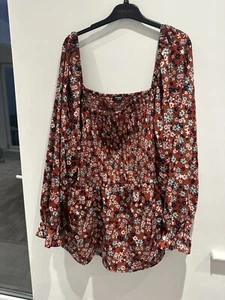 Simply Be Black Floral Print Shirred Square Neck Peplum Blouse Size 32 - Picture 1 of 5