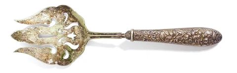 Vintage Sterling Silver Handle Serving Fork Elaborate Victorian Design Ornate Cover