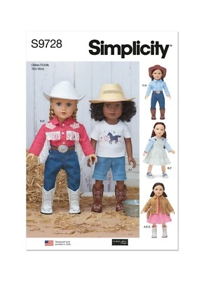 SIMPLICITY 9728 DOLL CLOTHES Sewing Pattern 18" 45.5cms Western Skill: AVERAGE - Image 1 of 4