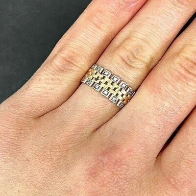 Anillo de celosía tejido de piedra de oro real de dos tonos de 14K (amarillo y blanco) Foto 1 de 4