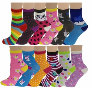 Ayla 12 Pairs Pack Kids Girls Colorful Creative Fun Novelty Design Crew Socks - Picture 1 of 49