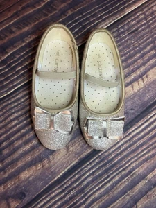 Carter's Baby Toddler Dress Shoes Size 8 Gold Sparkle Slip On Strap Bow - Picture 1 of 2
