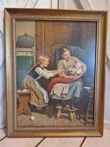 Albert Anker Vintage Gemälde/Druck "Das erste Lächeln" im 15,25" x 19,5" Rahmen signiert - Bild 1 von 17
