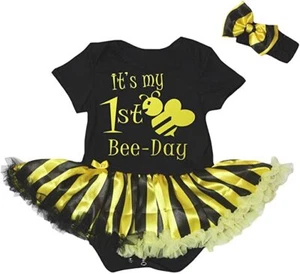 It's My 1st Bee Day Cotton Bodysuit Black Yellow Striped Tutu Baby Dress NB-18M - Picture 1 of 4