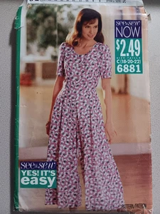 Vintage 1990s See Sew Pattern 6881 Womens Plus Jumpsuit Romper Sizes 18 20 22 - Picture 1 of 2